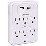 Surge Protector, POWRUI USB Wall Charger with 2 USB Charging Ports(Smart 2.4A Total), 6-Outlet Extender and Top Phone Holder for Your Cell Phone, White, ETL Certified