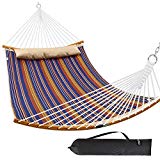 Ohuhu Double Hammock with Detachable Pillow, 2019 All New Curved-Bar Design Strong Bamboo Hammock Swing with Carrying Bag, 4.6'W x 6.2'L, Brown & Blue Stripe