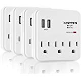 [4 Pack] BESTTEN USB Wall Tap, Multi-Plug Surge Protector with 2 USB Charging Ports and 3 Electrical Outlets, Power Strip Splitter, ETL Certified, White