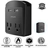 Wall Mount Charger,XPLUS 2 USB Charging Ports (2.4A) &amp; 2 AC Outlet Plugs, Surge-Protected Power Socket Extender with Topside Phone Holders for iPhone, iPad and Others, ETL Certified (Black)